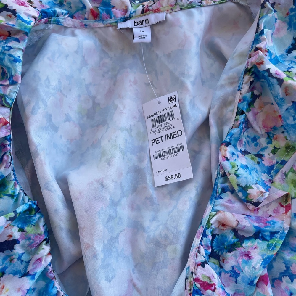 BAR III Petite Floral-Print Ruffled Tie-Waist Satin Wrap Dress Size MP - Picture 9 of 12